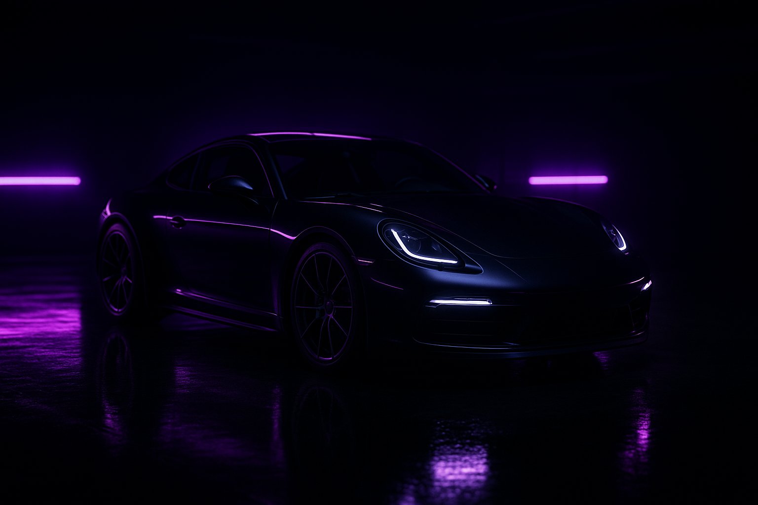 Sleek black car lit with purple light in a dark garage