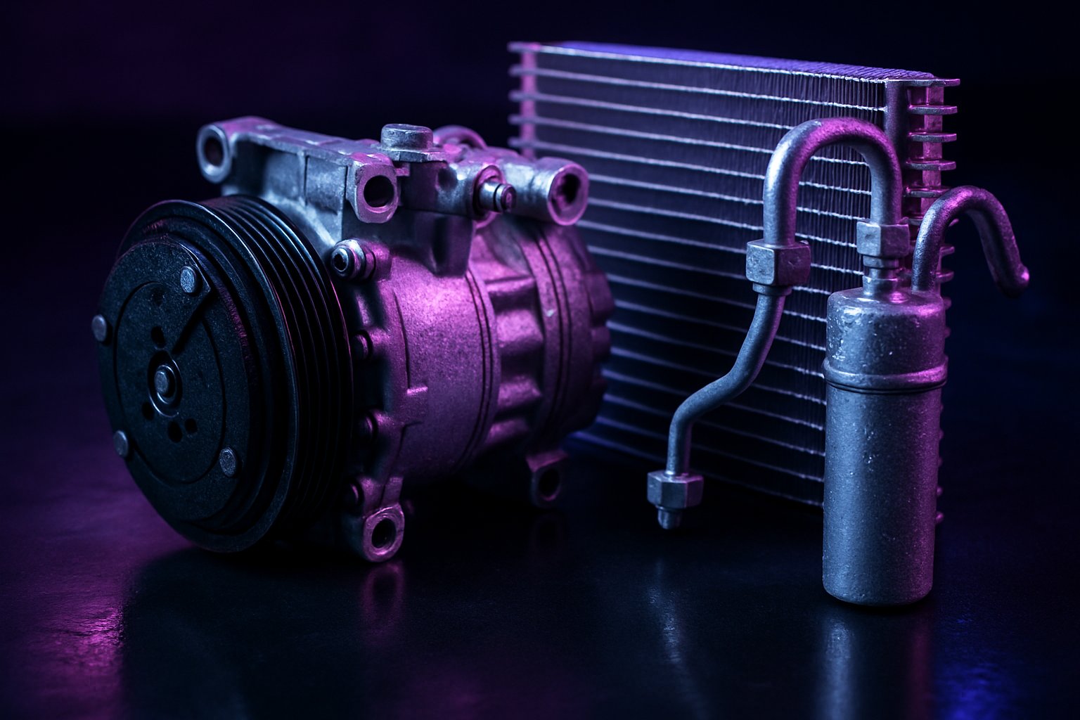 Car A/C compressor and condenser parts under cool purple light