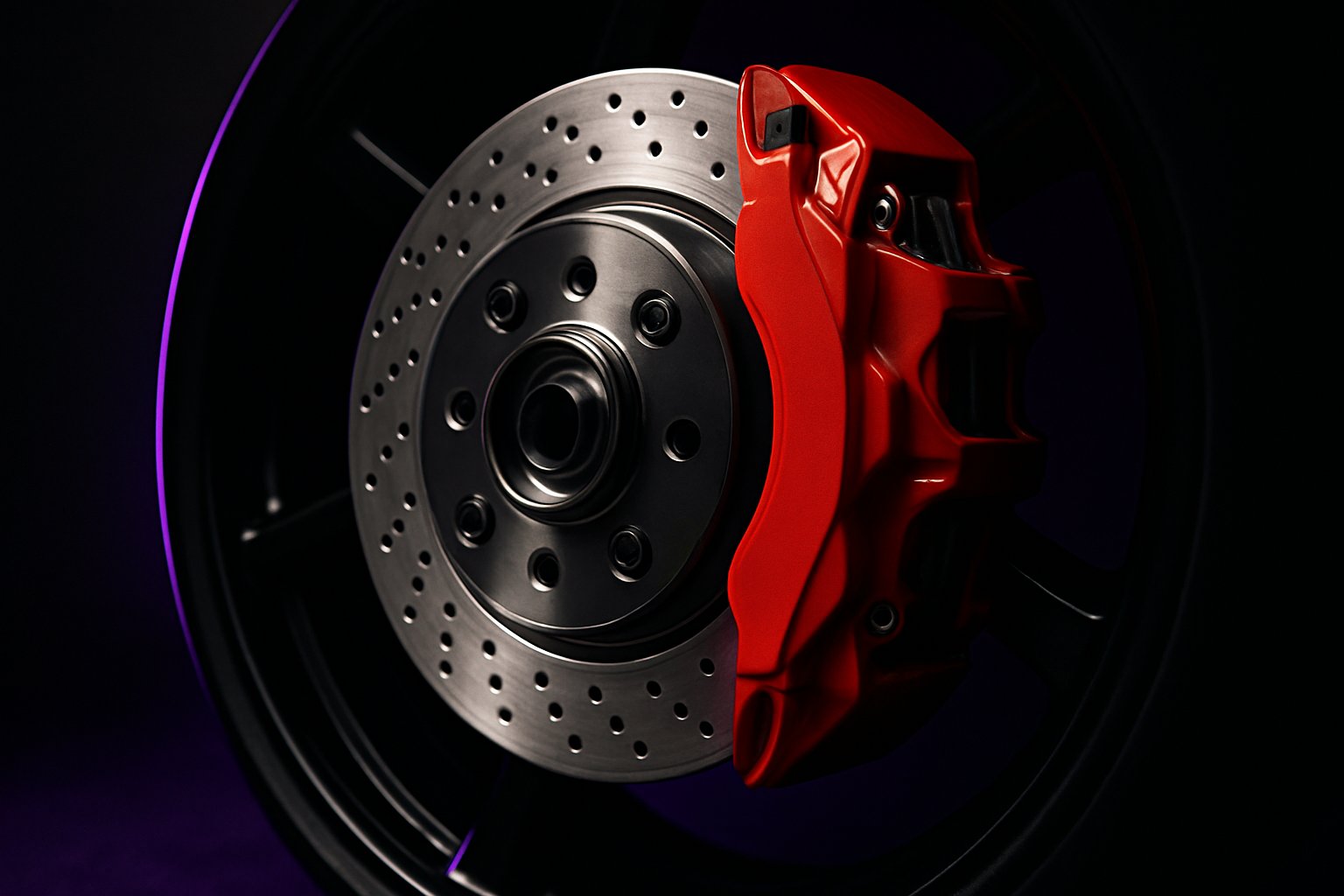 New brake rotor and caliper on a black alloy wheel