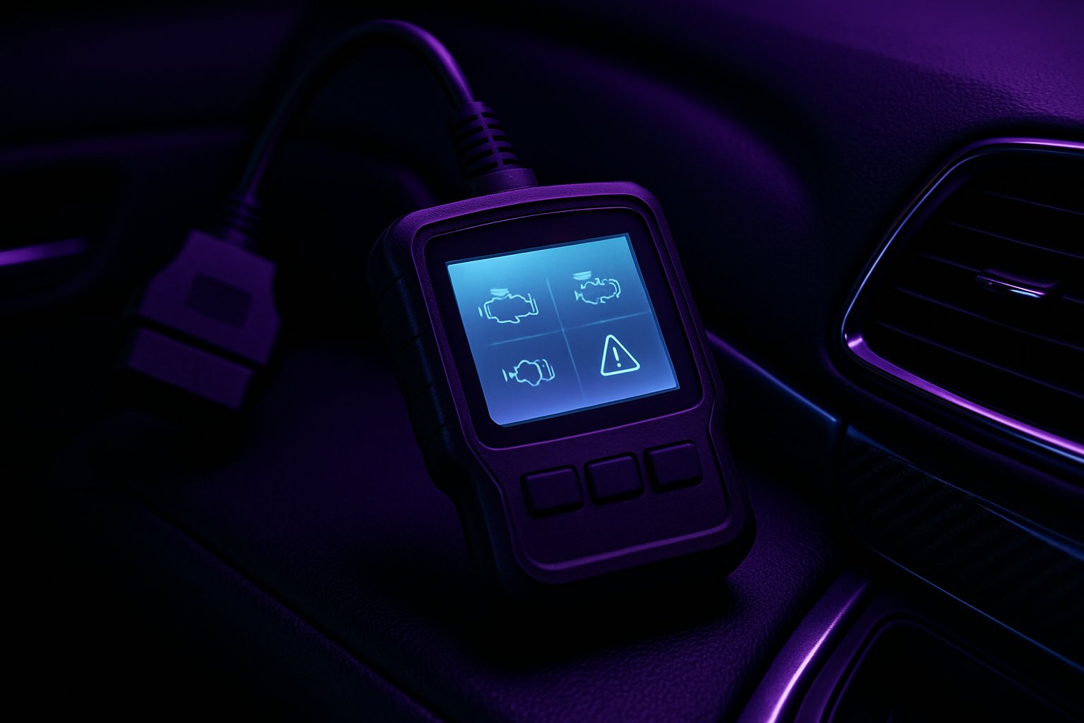 OBD2 diagnostic scanner glowing on a dark car dashboard