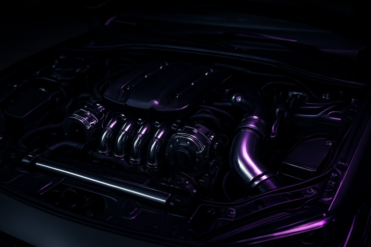 Clean modern engine bay lit with purple accent light