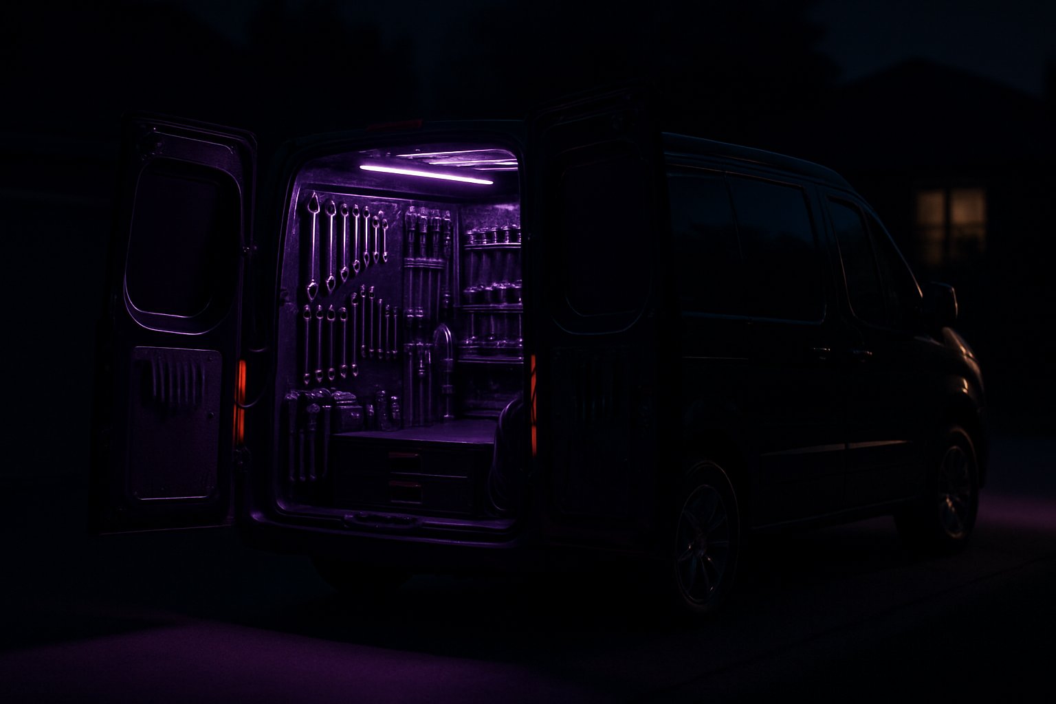 Black mobile mechanic van at night with purple glow