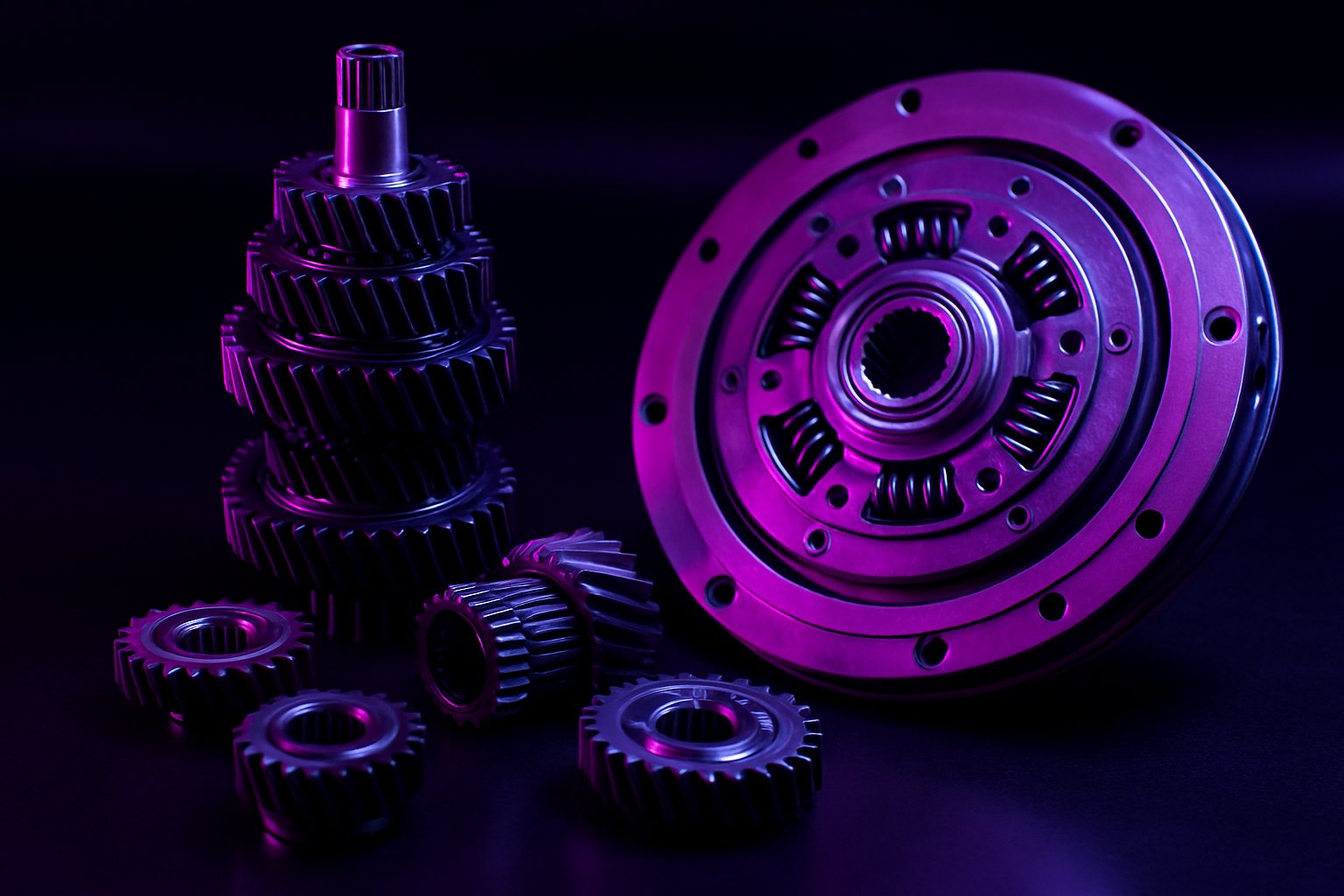 Transmission gears and clutch parts under violet studio light